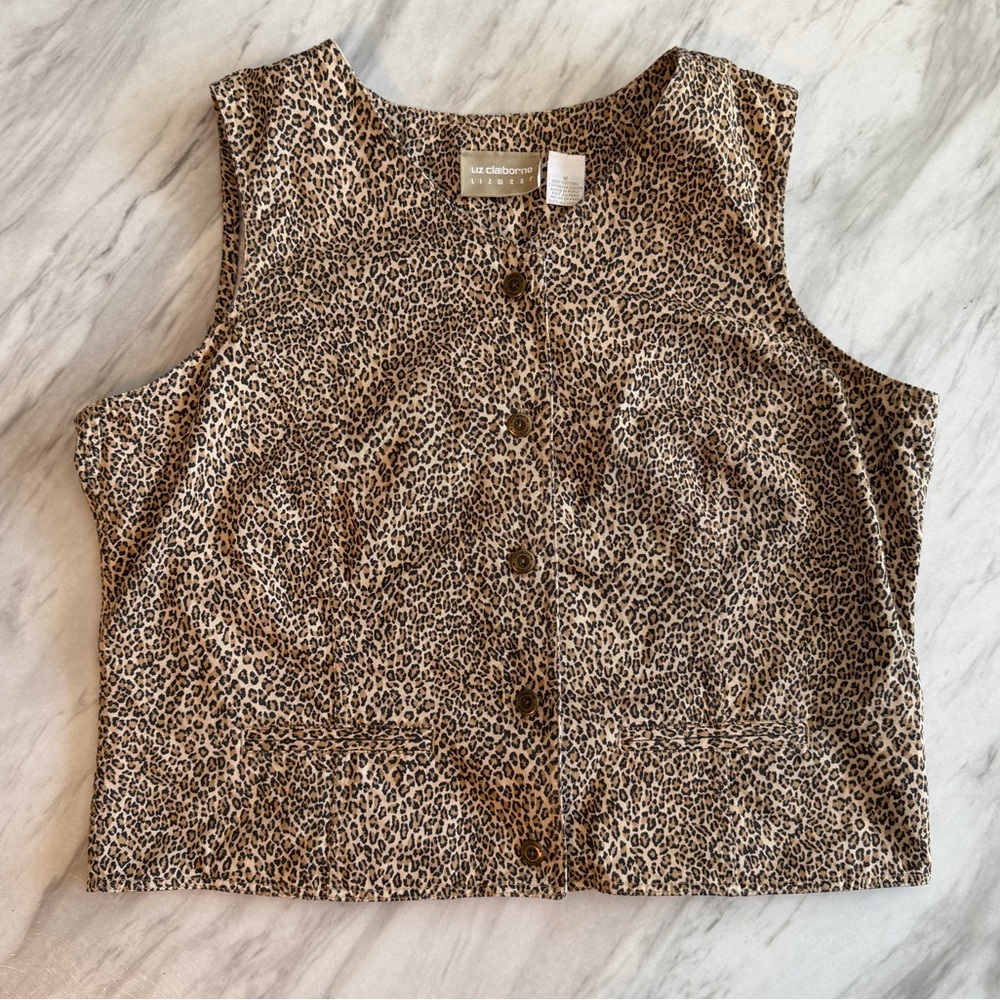 VTG 90s Y2K Liz Claiborne Animal Print Button Vest Denim Cotton Blouse size 12
